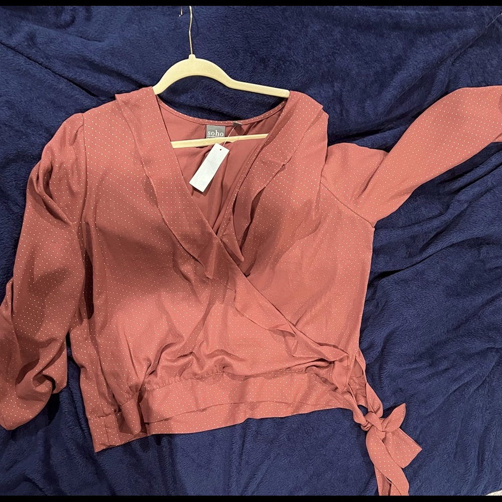Blush blouse V neck frill with gold dot accent